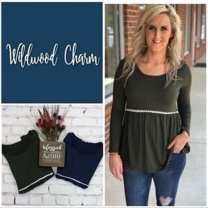 Andree By Unit Long Sleeve Olive Green White Babydoll Medium Top